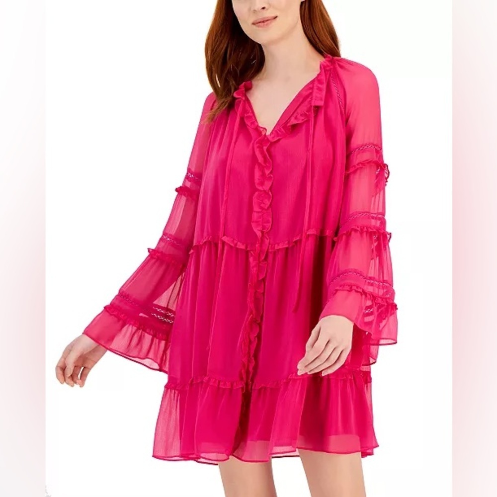INC International Concepts Pink Boho Long Sleeve Tiered Mini Dress Size M
